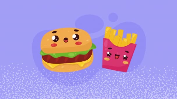 Гамбургер Французька Картопля Фрі Каваї Символи Відео Анімовані — стокове відео