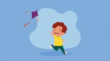 little boy flying kite animation ,4k video animated