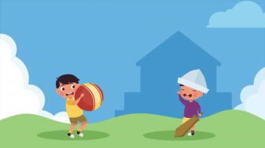 little boys playing in the camp ,4k video animated