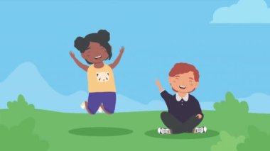 interracial little kids celebrating animation ,4k video animated