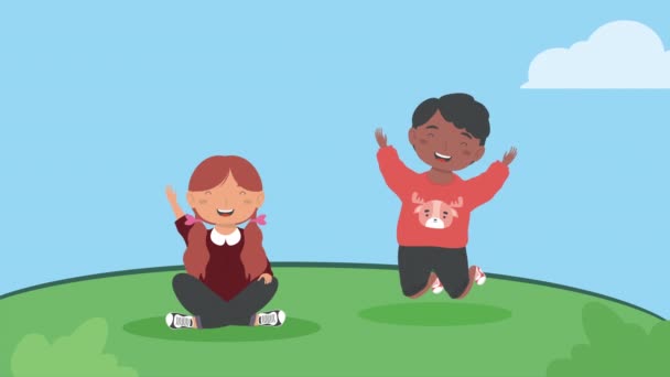 Onnellinen Pienet Lapset Pari Merkkiä Video Animoitu — kuvapankkivideo