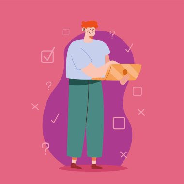 man standing with laptop online test