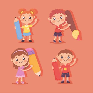 four little kids with supplies characters clipart