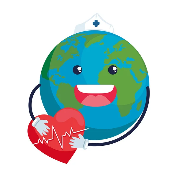 Earth Planet Heart Cardio Character — Vetor de Stock