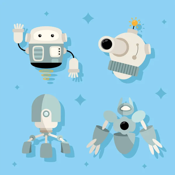 Vier Robots Verschillende Stijlen Karakters — Stockvector