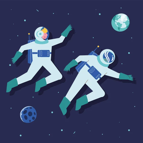 Astronauts Planets Space Scene — Stock Vector