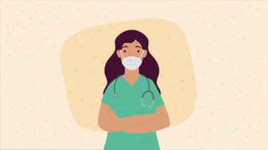 female doctor with face mask character ,4k video animated