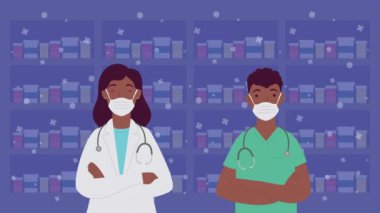 afro doctors couple staff characters ,4k video animated