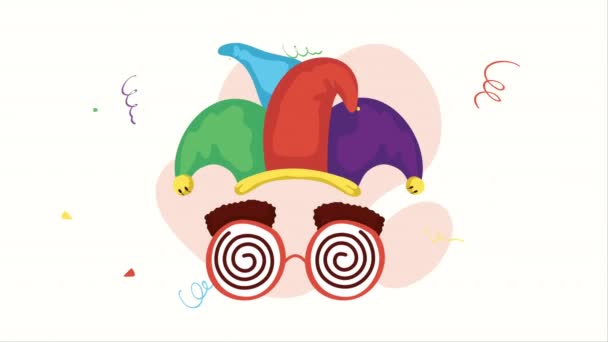 愚人节滑稽眼镜面具和小丑帽 4K视频动画 — 图库视频影像