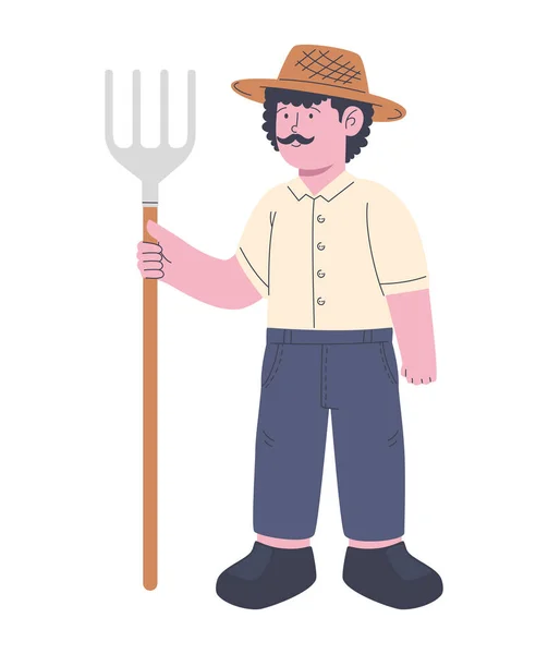 Male Farmer Rake Character — Stock Vector