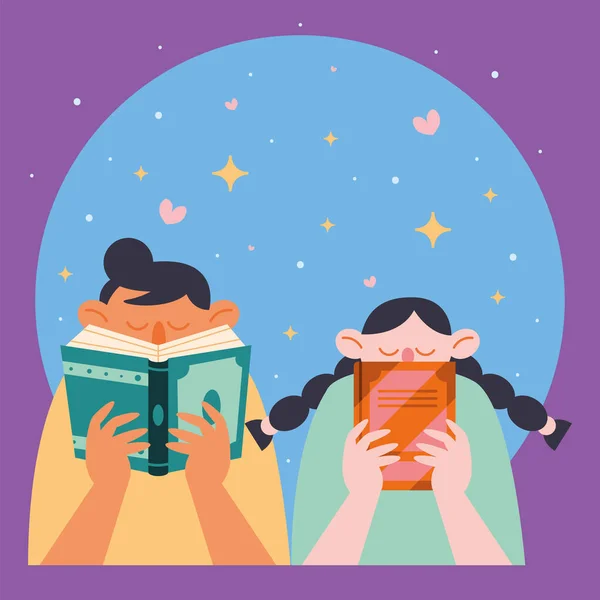 Couple Reading Books Students Characters —  Vetores de Stock