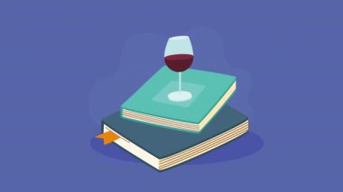 text books library with wine animation ,4k video animated