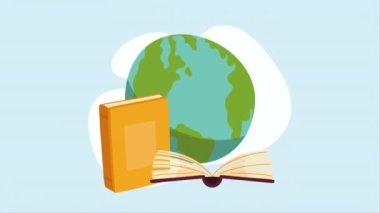 text books library with earth planet animation ,4k video animated