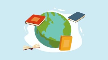 text books library with earth planet animation ,4k video animated