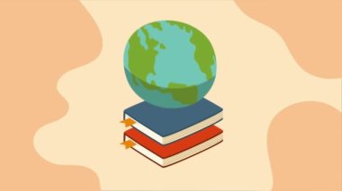 text books library with earth planet animation ,4k video animated