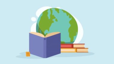 text books library with earth planet animation ,4k video animated