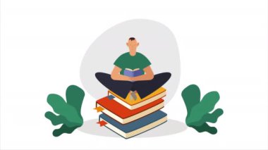 text books library with man seated reading ,4k video animated