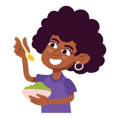afro woman eating happy character