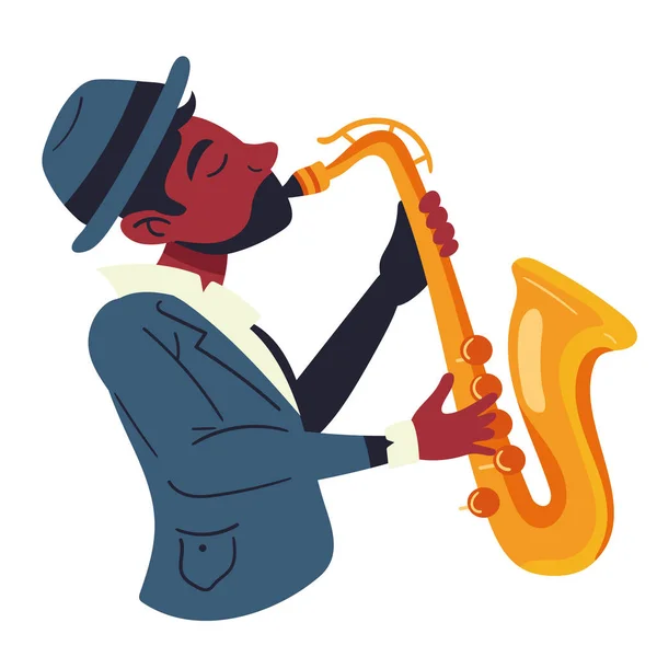 Músico Jazz Tocando Saxofón Carácter — Vector de stock