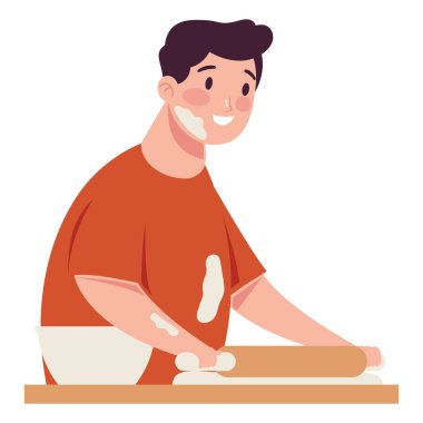Adam ahşap rulo karakterli yemek pişiriyor.