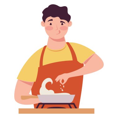 Genç adam pan karakteriyle yemek pişiriyor.