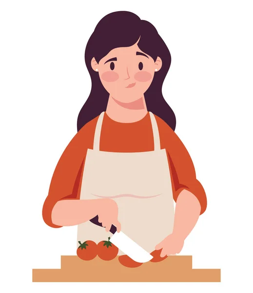 トマト料理のキャラクターを切る女性 — ストックベクタ