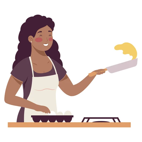 Afro Woman Cooking Pan Character — Stock Vector