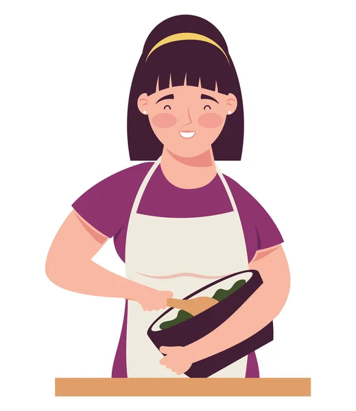 女性烹调与碗的性格混合 — 图库矢量图片