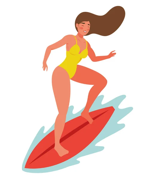 Woman Surfing Surfboard Character — 스톡 벡터