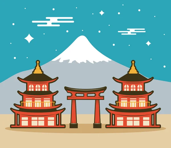 Monture Fuji Avec Pagodes Scène Arc — Image vectorielle