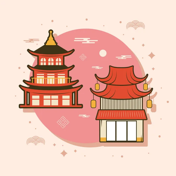 Japanese Pagodas Temples Culture Icons — Stock Vector