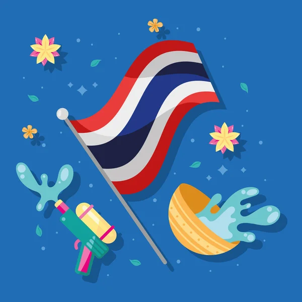Bandeira Tailandesa Bandeira Com Ícones Songkran — Vetor de Stock