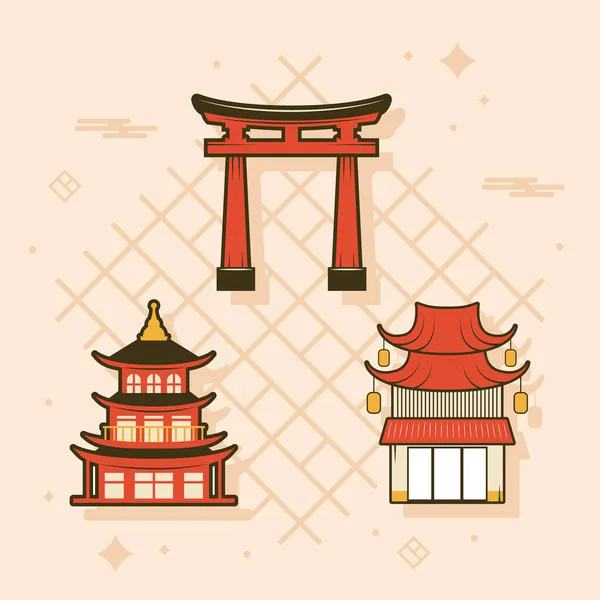 Japanese Pagodas Arch Icons — Stock Vector