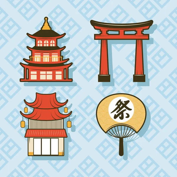 Japanese Pagodas Arch Fan Icons — Stock Vector