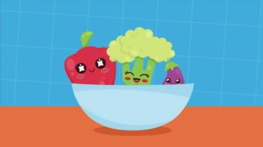 Sebzeli kase Kawaii karakterleri, 4k video animasyonu