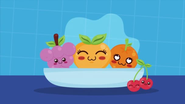 Frutta Fresca Piatti Kawaii Personaggi Video Animato — Video Stock