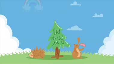 gökkuşağı ve ağaç manzaralı hayvanlar, 4k video animasyonu