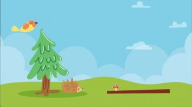 Hayvan ve bahçeli çam ağacı, 4k video animasyonu