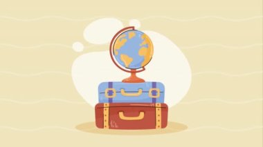 bavullar seyahat ve dünya haritası, 4k video animasyonu