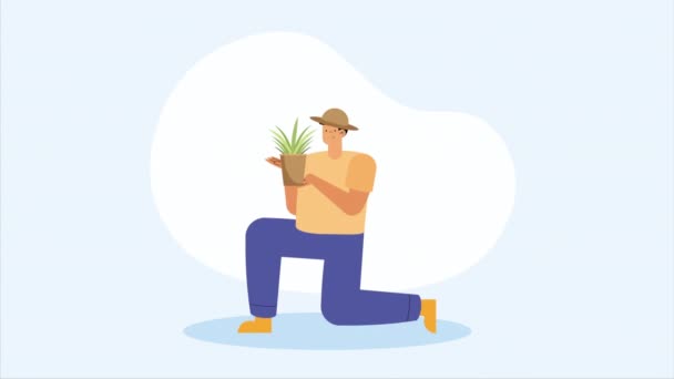 Agricultor Masculino Com Animação Planta Sala Vídeo Animado — Vídeo de Stock