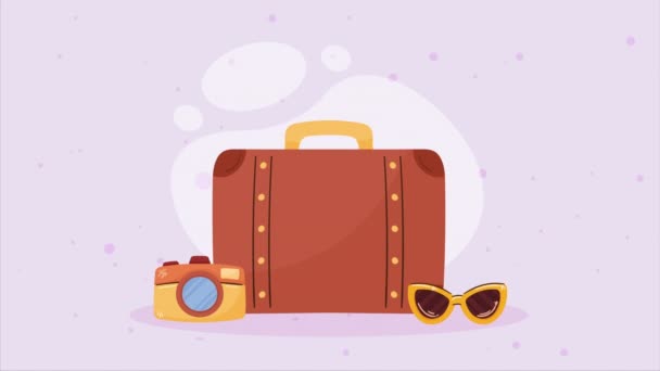 カメラとサングラス付きの茶色のスーツケース4Kビデオ アニメーション — ストック動画