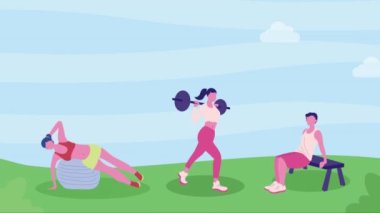 üç sporcu egzersiz yapıyor karakterler, 4k video animasyonu
