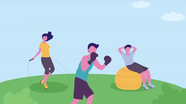 Три Спортсмена Практикующих Персонажей Упражнений Видео Анимированных — стоковое видео