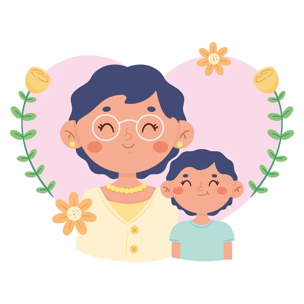 Anne Oğlu Çiçeklerle Dolu Kalplerinde — Stok Vektör