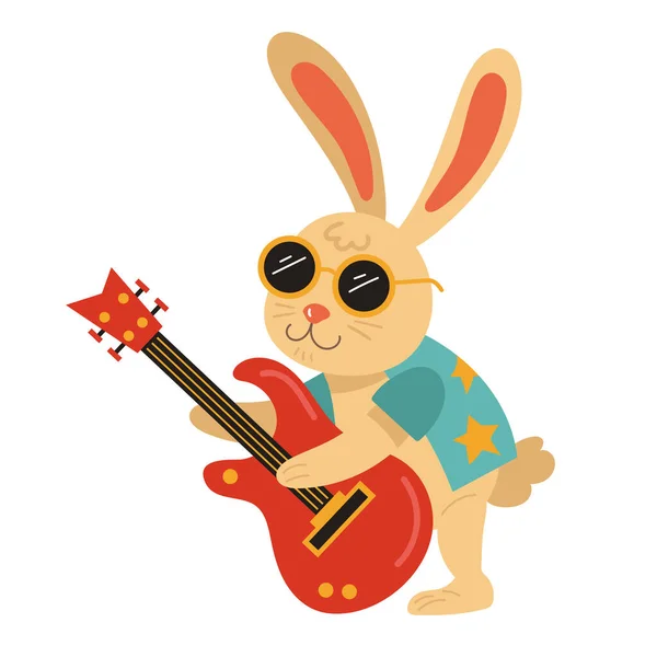 Dibujos Animados Conejo Músico Tocando Icono Guitarra Aislado — Archivo Imágenes Vectoriales