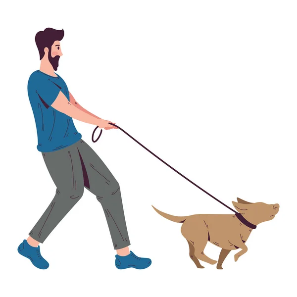 一个男人牵着他的狗走在白雪公主之上 — 图库矢量图片