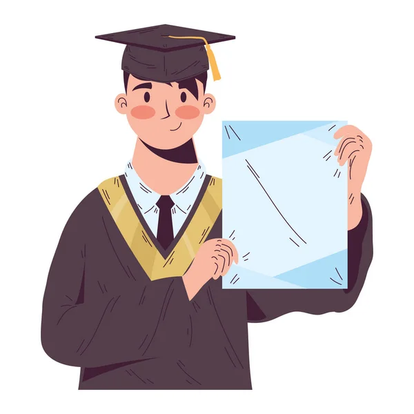 Lachende Student Heeft Een Diploma Boven Wit — Stockvector