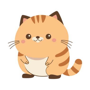 Sevimli çizgi film kedisi neşeli bir gülümseme ikonu ile izole edilmiş oturuyor.