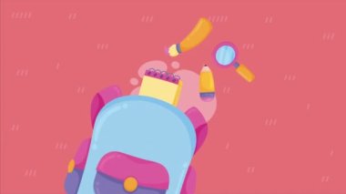 okul çantası ekipmanları ve malzeme animasyonu, 4k video animasyonu