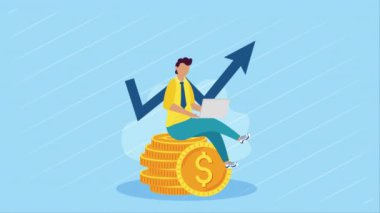 Adam para içinde oturuyor madeni paralar animasyon, 4k video animasyonu